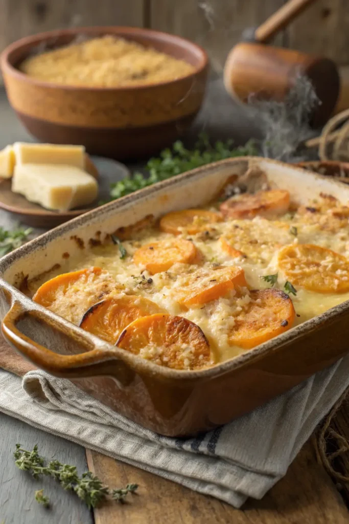 Gratin de Patates Douces, Lardons et Reblochon