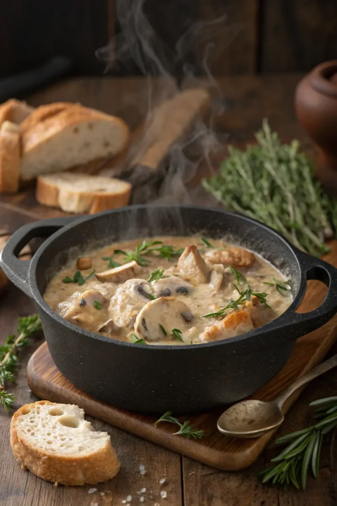 Cocotte de Poulet aux Champignons et Vin Blanc