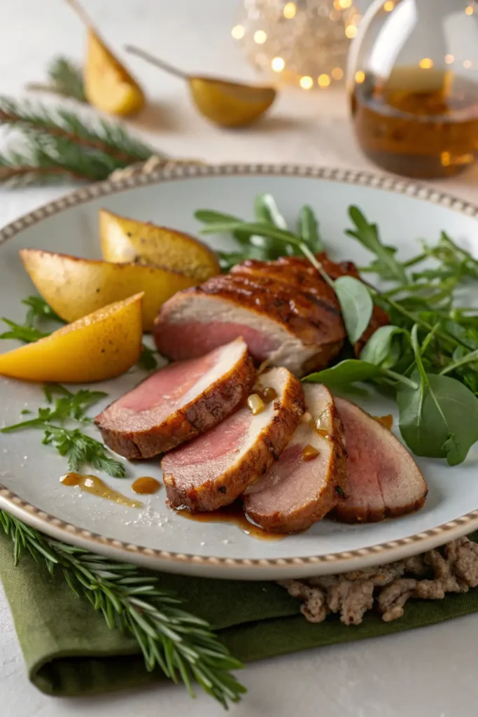 Magret de Canard Fumé, Poires Caramélisées et Roquette