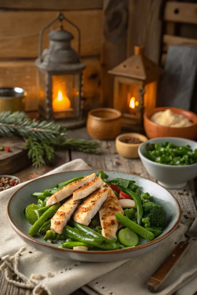 Poêlée de Légumes Verts et Poulet Grillé