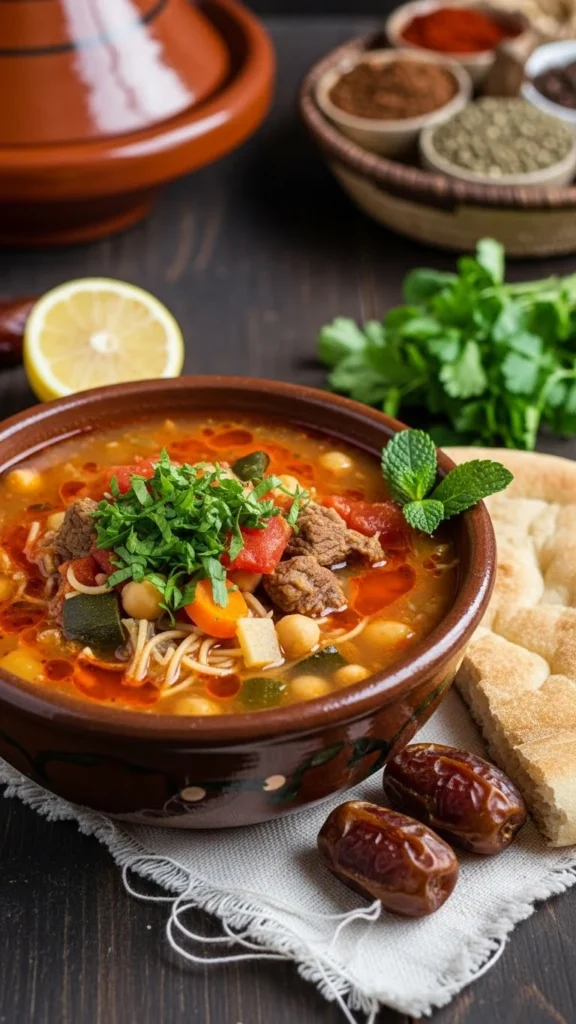 Algerian Chorba Soup in a rustic bowl with fresh herbs,