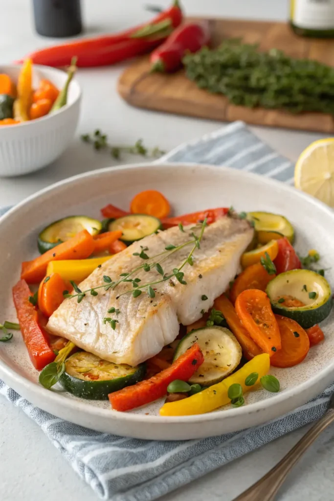 Filets de Poisson au Four et Légumes Rôtis