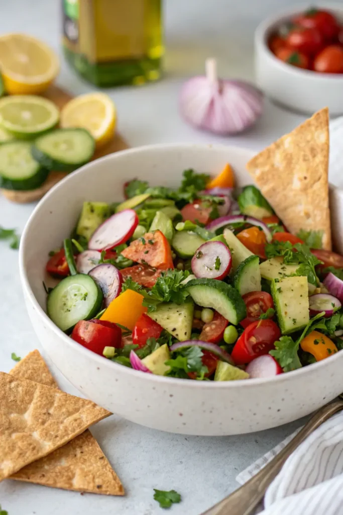 Fattoush Revisité avec Chips de Pain Grillé