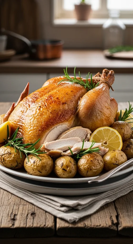 Poulet rôti et pommes de terre au four