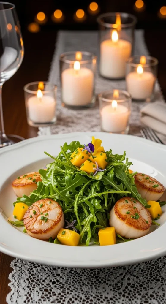 Entrée : Salade de Saint-Jacques au citron et mangue