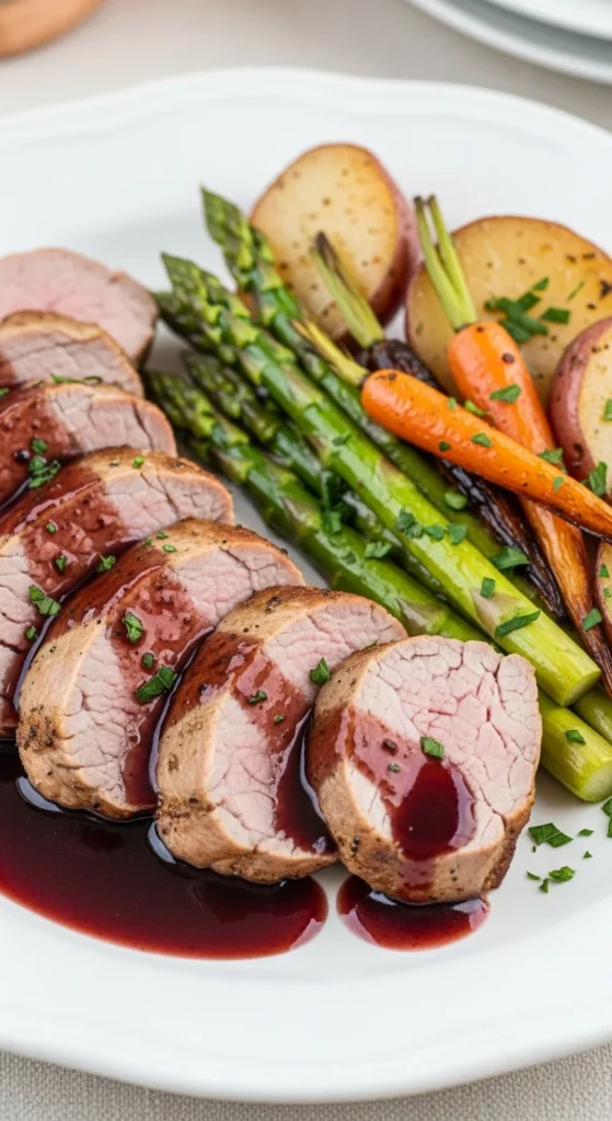 Filet mignon sauce au vin rouge et légumes rôtis