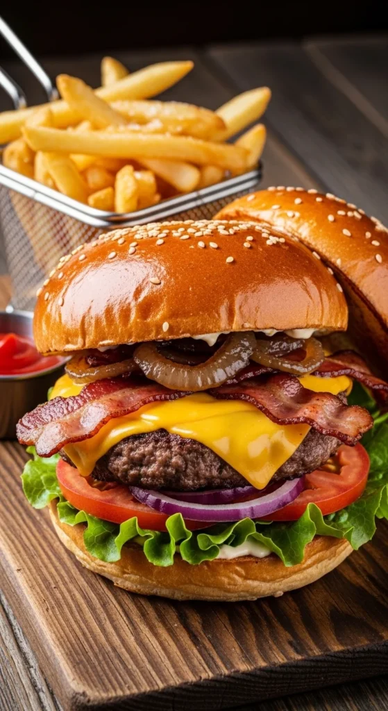 Burger gourmet maison avec frites croustillantes