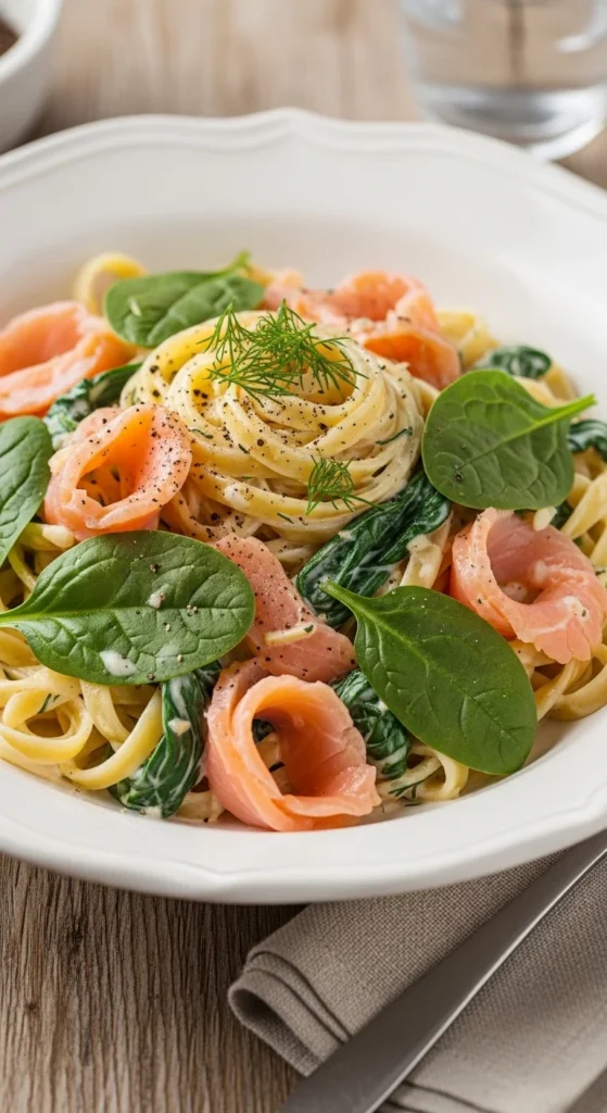 Pâtes créatives au saumon fumé et épinards