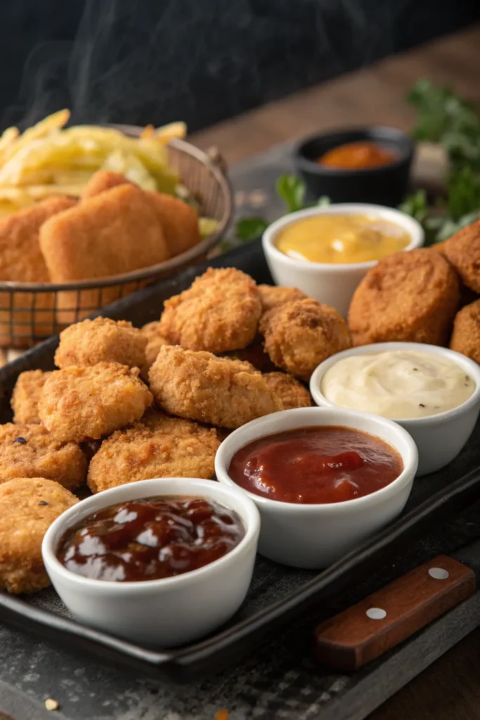Crispy chicken nuggets on platter, dipping sauces