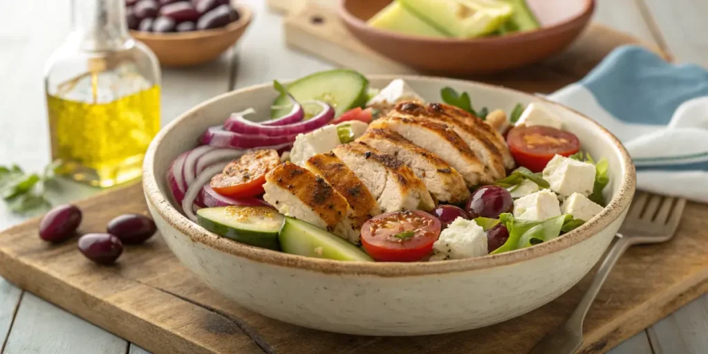 Salade Grecque au Poulet facile et fraîche maison rapide!