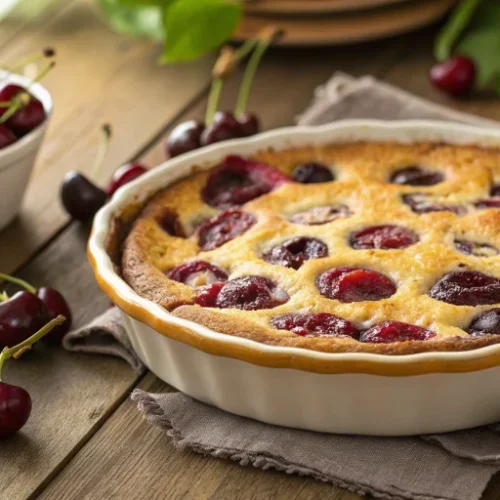 A beautifully baked French clafoutis aux cerises in a ceramic baking dish, golden brown on top with dark red cherries visible