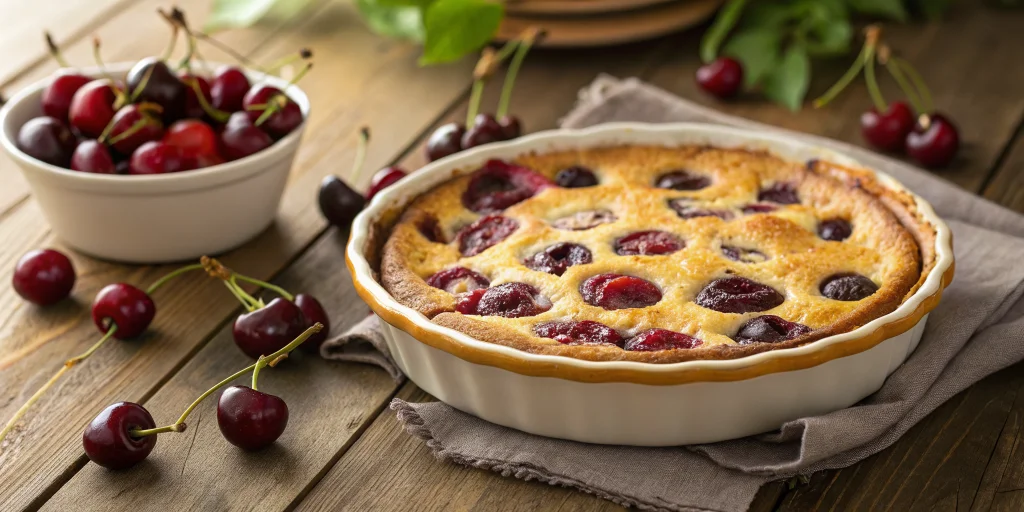 A beautifully baked French clafoutis aux cerises in a ceramic baking dish, golden brown on top with dark red cherries visible