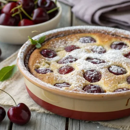 A beautifully golden French clafoutis aux cerises in a rustic ceramic baking dish, with plump dark red cherries visible throu