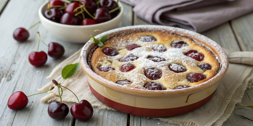A beautifully golden French clafoutis aux cerises in a rustic ceramic baking dish, with plump dark red cherries visible throu