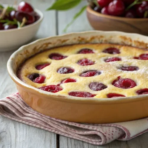 A beautifully golden French clafoutis aux cerises in a rustic ceramic baking dish, fresh red cherries visible through the cus