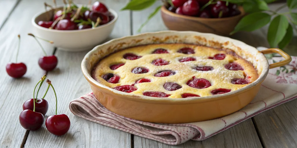 A beautifully golden French clafoutis aux cerises in a rustic ceramic baking dish, fresh red cherries visible through the cus
