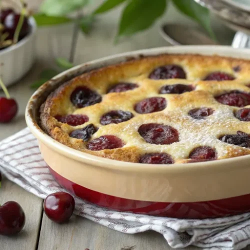 A beautifully rustic French clafoutis aux cerises in a ceramic baking dish, golden brown on top with dark red cherries visibl