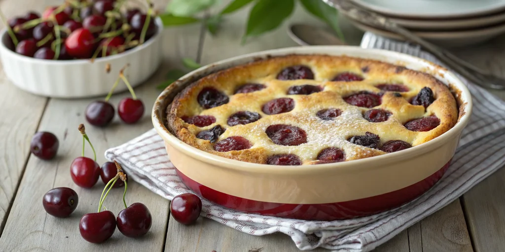 A beautifully rustic French clafoutis aux cerises in a ceramic baking dish, golden brown on top with dark red cherries visibl