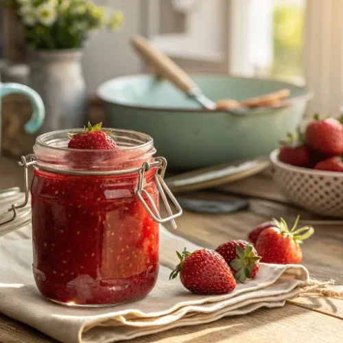 A rustic jar of bright red strawberry jam with fresh strawberries scattered around it on a wooden kitchen table, natural morn