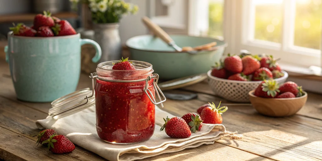 A rustic jar of bright red strawberry jam with fresh strawberries scattered around it on a wooden kitchen table, natural morn