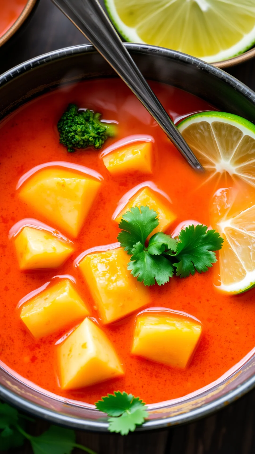 Aromatic red curry coconut broth with tender potato cubes and bright green broccoli florets, cilantro garnish, lime wedge, au
