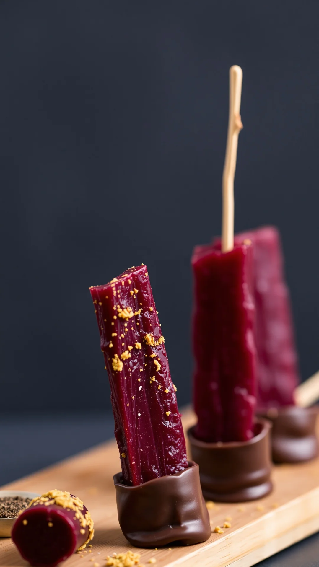 Artisanal candied beet sticks dipped in dark chocolate, dusted with spices, professional pastry food styling
