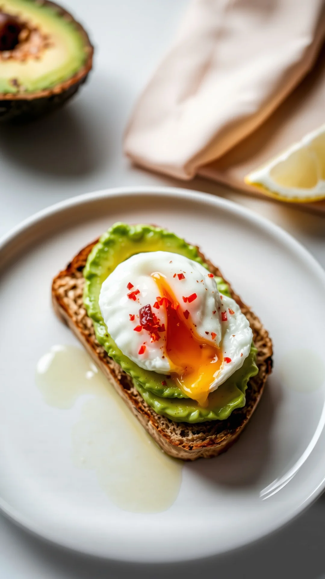 Artisanal whole wheat toast topped with creamy avocado, perfectly poached egg with runny yolk, red chili flakes, lemon wedge,
