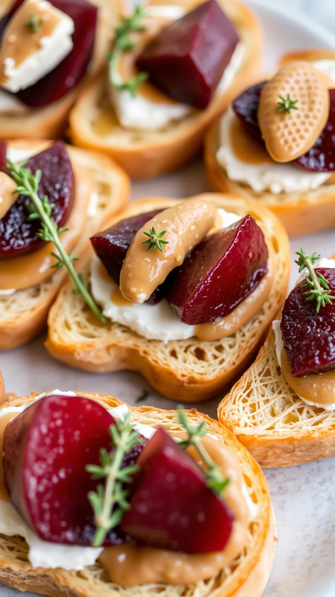 Artistic arrangement of gourmet toasts topped with beets, goat cheese, hazelnut paste, honey, thyme, half-cut showing layers,