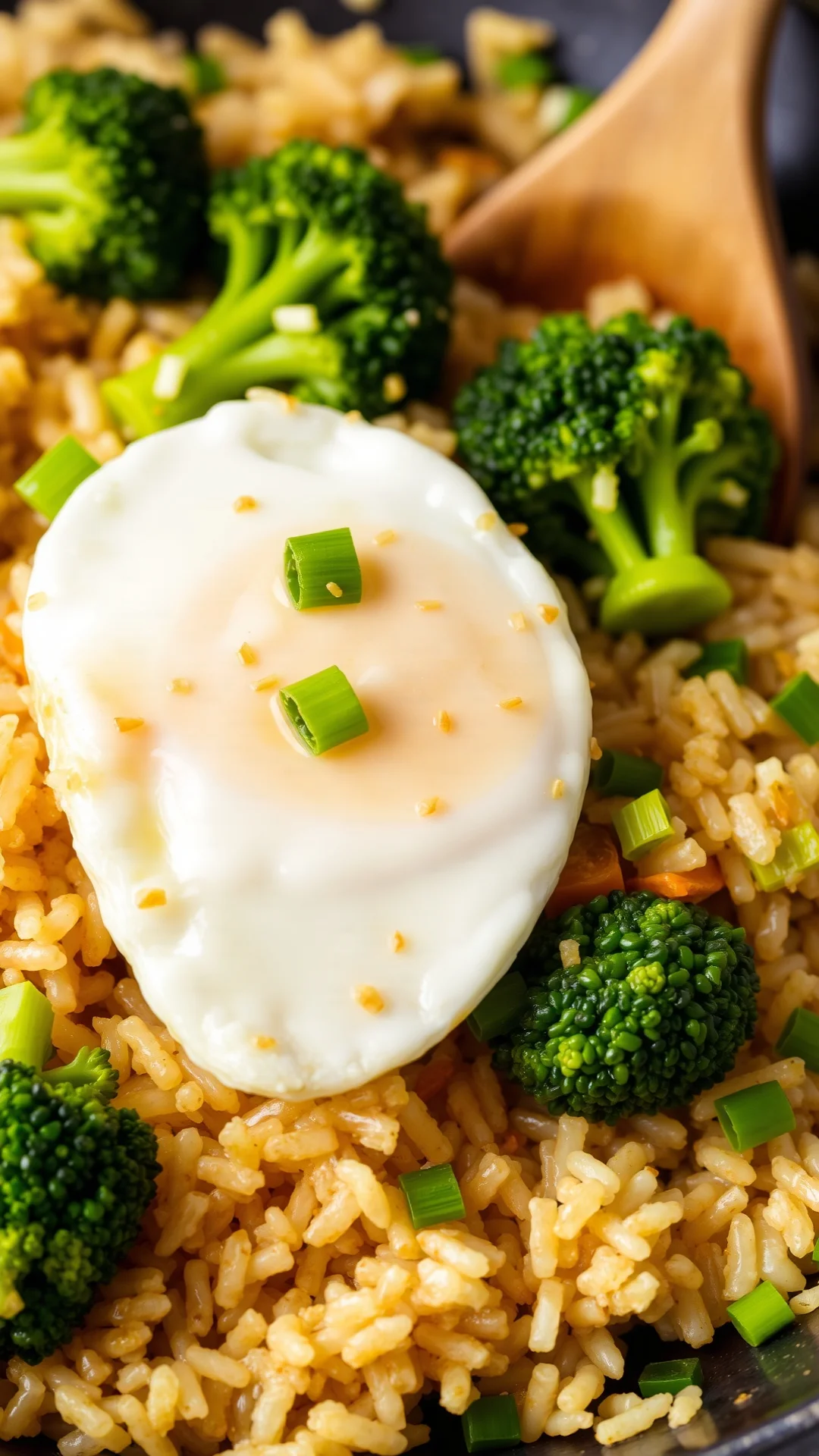 Asian fried rice with fresh broccoli, scrambled eggs, green onions, sesame oil shine, wok preparation, vibrant colors, close-
