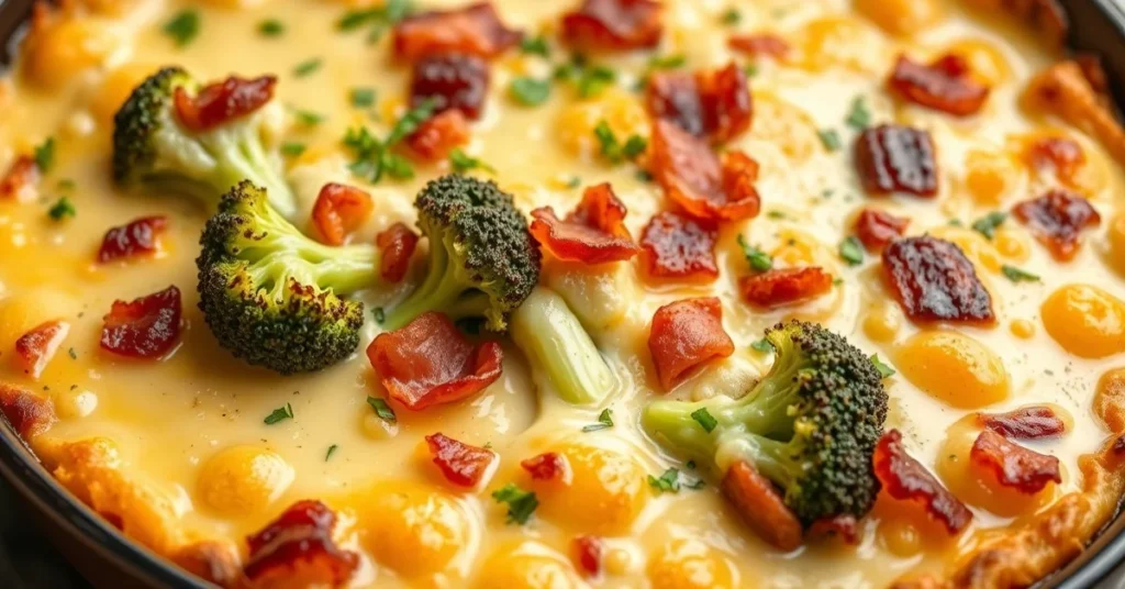 Baked broccoli and bacon gratin with melted cheese topping, creamy béchamel sauce, golden crispy crust, French comfort food,
