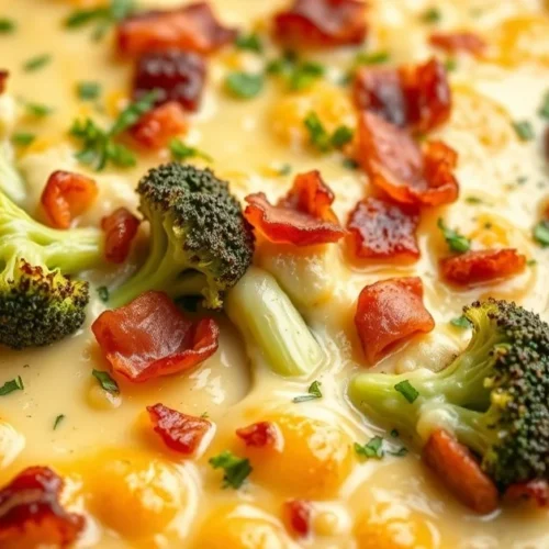 Baked broccoli and bacon gratin with melted cheese topping, creamy béchamel sauce, golden crispy crust, French comfort food,