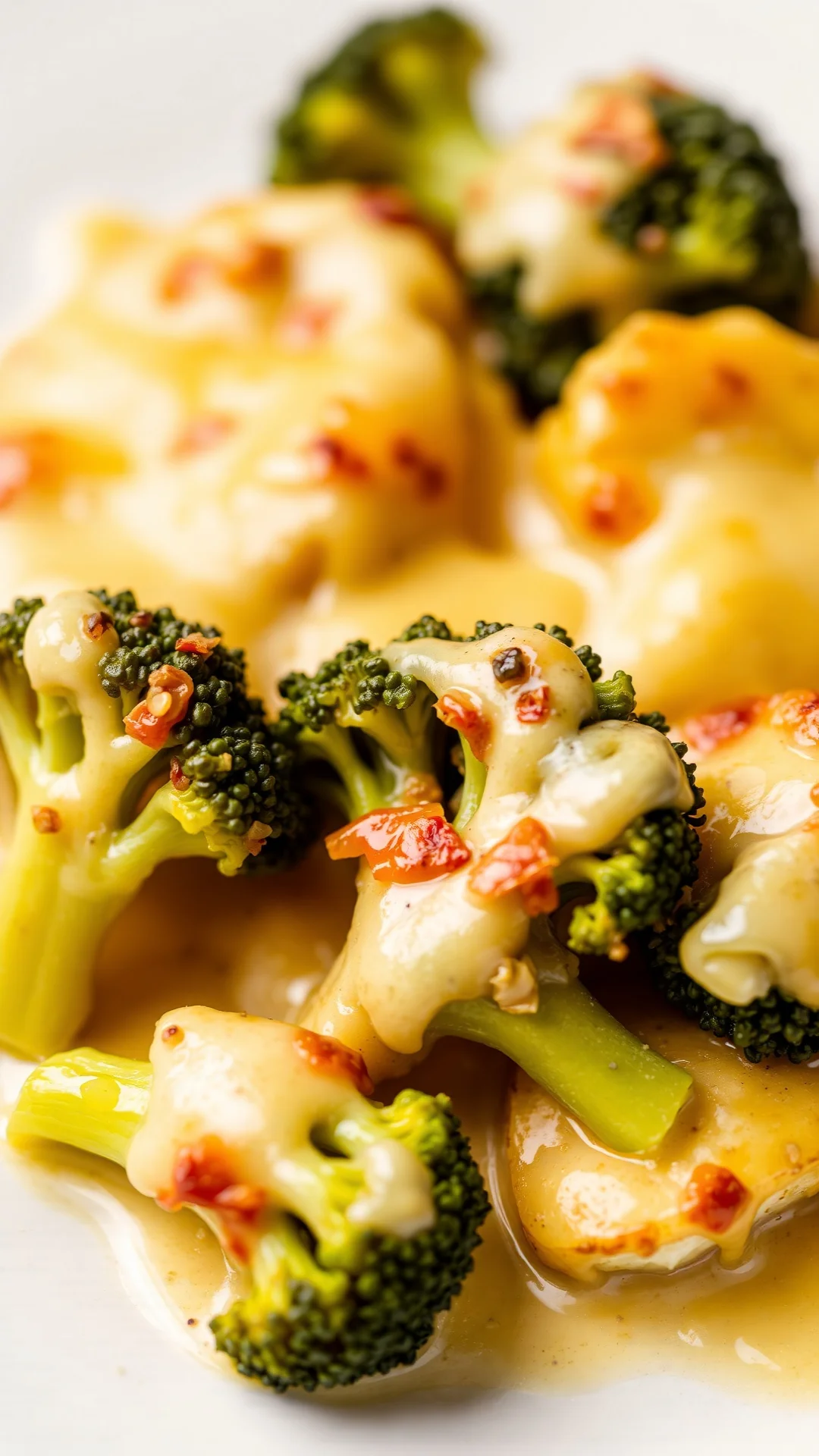 Baked broccoli and potato gratin with melted emmental cheese, creamy béchamel sauce, golden top, comfort food, macro food ph