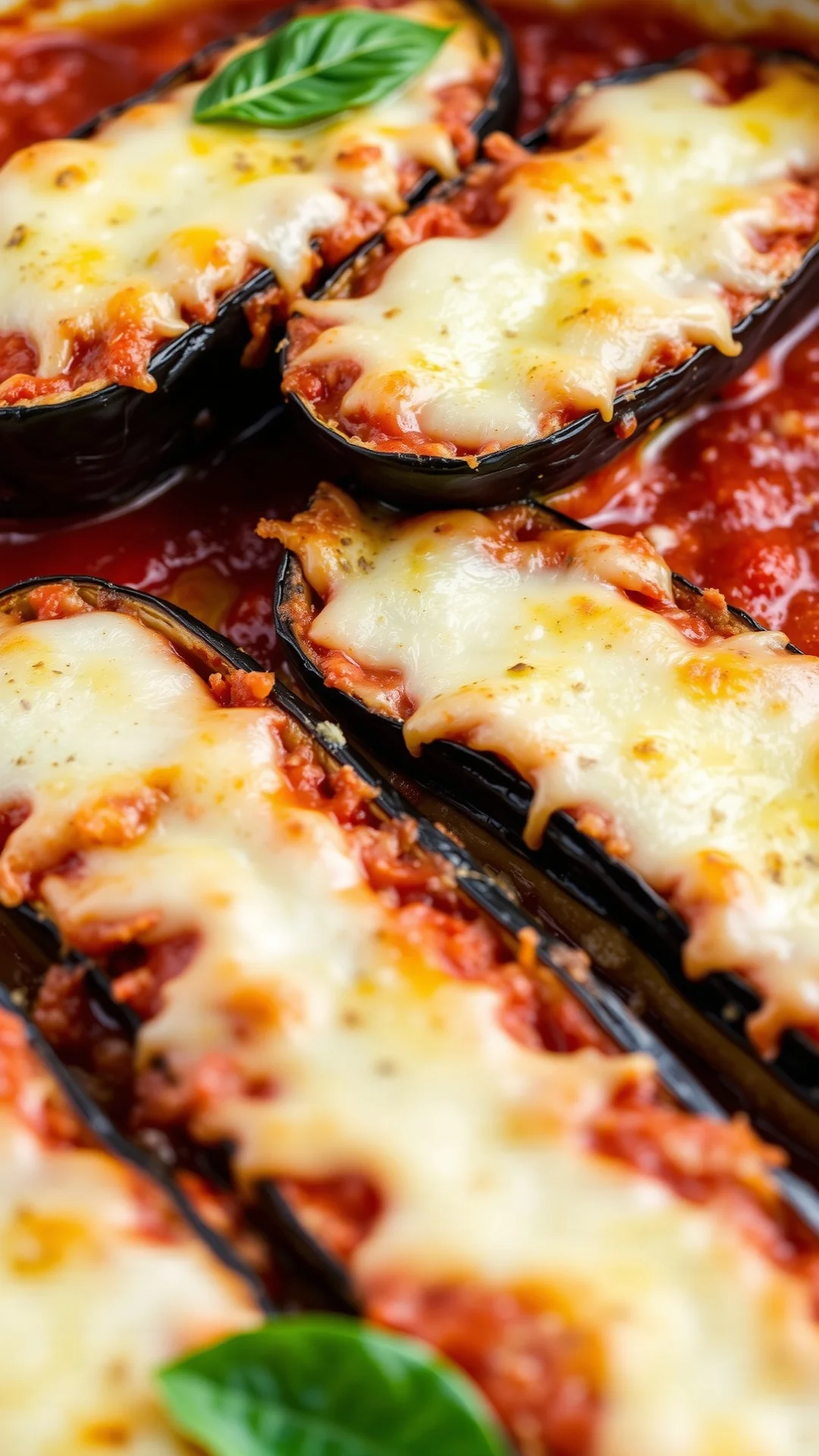 Baked eggplant parmesan with melted mozzarella and tomato sauce, layered vegetarian dish, Italian cuisine, appetizing food ph