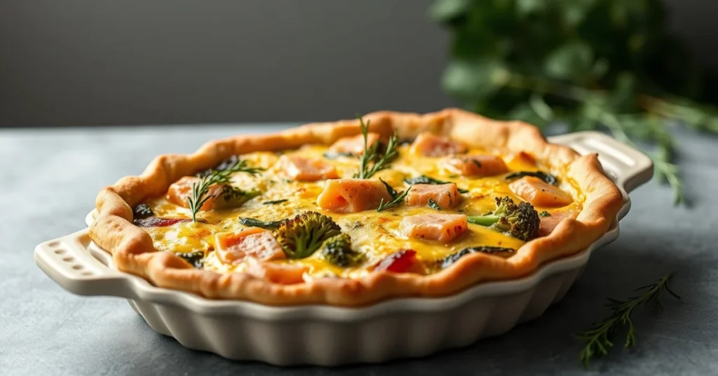 Beautiful baked quiche with broccoli and salmon in ceramic dish, golden crust, fresh herbs garnish, professional food photogr