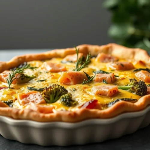 Beautiful baked quiche with broccoli and salmon in ceramic dish, golden crust, fresh herbs garnish, professional food photogr