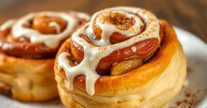 Beautiful cinnamon rolls with caramelized apples, golden brown pastry, creamy frosting drizzle, fresh cinnamon sprinkled on t