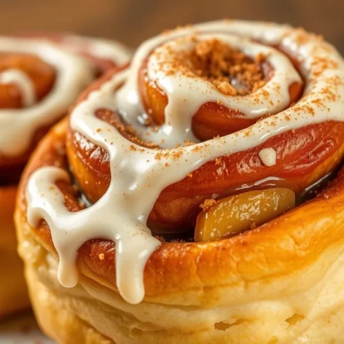 Beautiful cinnamon rolls with caramelized apples, golden brown pastry, creamy frosting drizzle, fresh cinnamon sprinkled on t