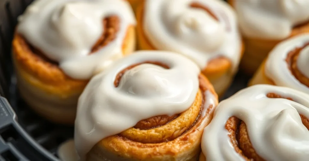 Beautiful golden cinnamon rolls with cream cheese frosting, freshly made in air fryer, close up food photography, delicious p
