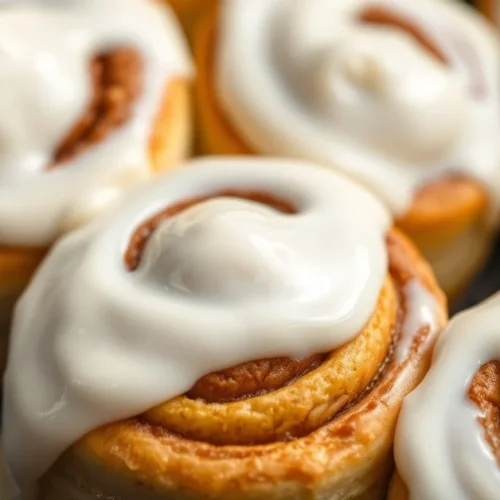 Beautiful golden cinnamon rolls with cream cheese frosting, freshly made in air fryer, close up food photography, delicious p
