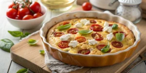 Beautiful golden savory clafoutis in a ceramic baking dish, topped with halved cherry tomatoes and crumbled white cheese, gar