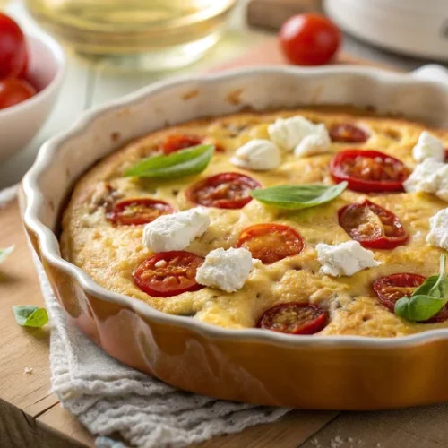 Beautiful golden savory clafoutis in a ceramic baking dish, topped with halved cherry tomatoes and crumbled white cheese, gar