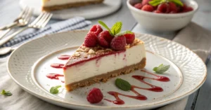Beautiful healthy cheesecake with almond crust, creamy filling, fresh raspberries on top, elegant presentation on white plate