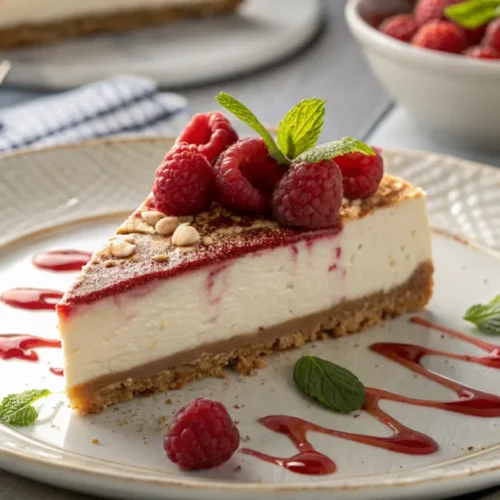 Beautiful healthy cheesecake with almond crust, creamy filling, fresh raspberries on top, elegant presentation on white plate