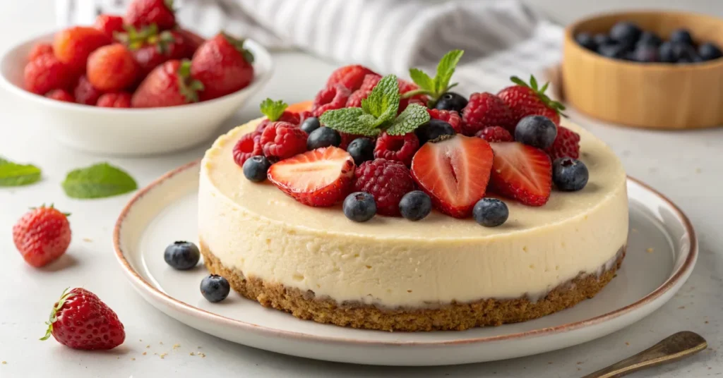Beautiful homemade cheesecake with fresh red berries on top, creamy texture, garnished with strawberries raspberries and blue