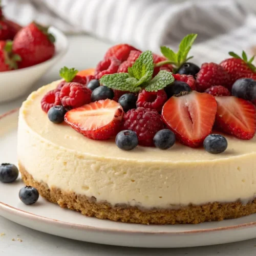 Beautiful homemade cheesecake with fresh red berries on top, creamy texture, garnished with strawberries raspberries and blue