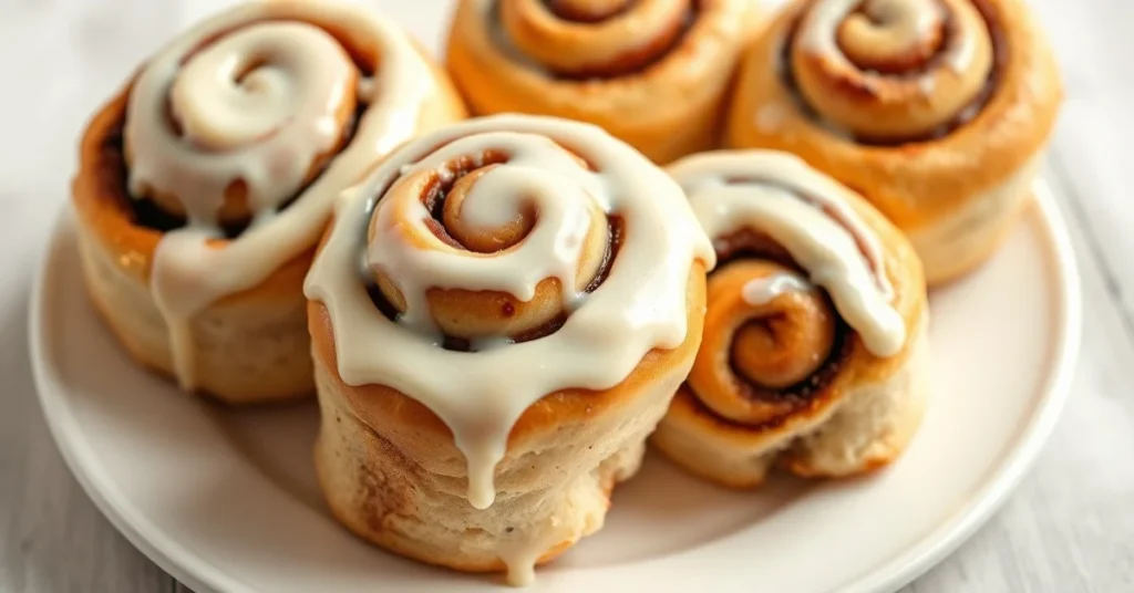 Beautiful homemade cinnamon rolls without sugar on white plate, fresh from oven, glazed with cream cheese frosting, warm soft