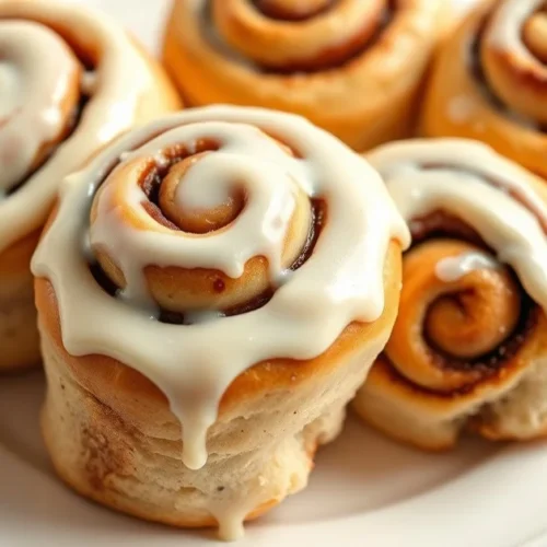 Beautiful homemade cinnamon rolls without sugar on white plate, fresh from oven, glazed with cream cheese frosting, warm soft