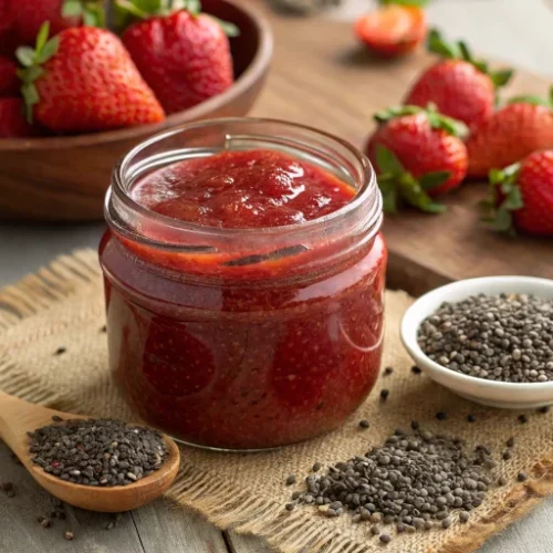 Beautiful homemade strawberry chia seed jam in a glass jar with fresh strawberries and chia seeds scattered around, rustic wo