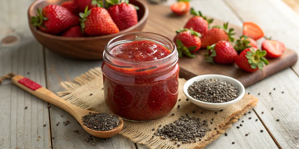 Beautiful homemade strawberry chia seed jam in a glass jar with fresh strawberries and chia seeds scattered around, rustic wo