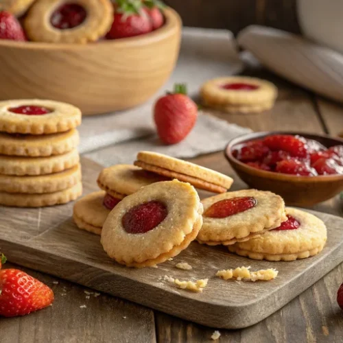 Beautiful homemade strawberry jam cookies arranged on a rustic wooden table, golden-brown buttery cookies with visible strawb